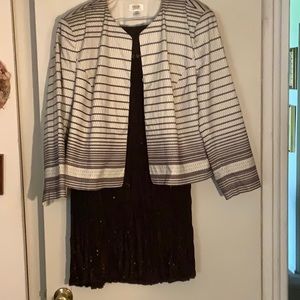 Striped jacket and broomstick pleated skirt with sequins on skirt
